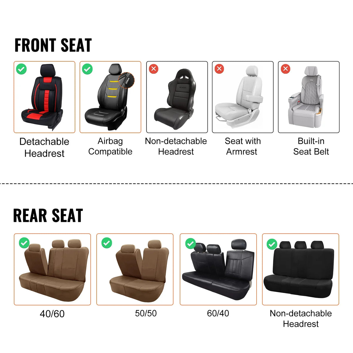 Seat Covers, Universal Car Seat Covers Full Set Seats Detachable Headrest and Airbag Compatible for Most Car SUV Truck
