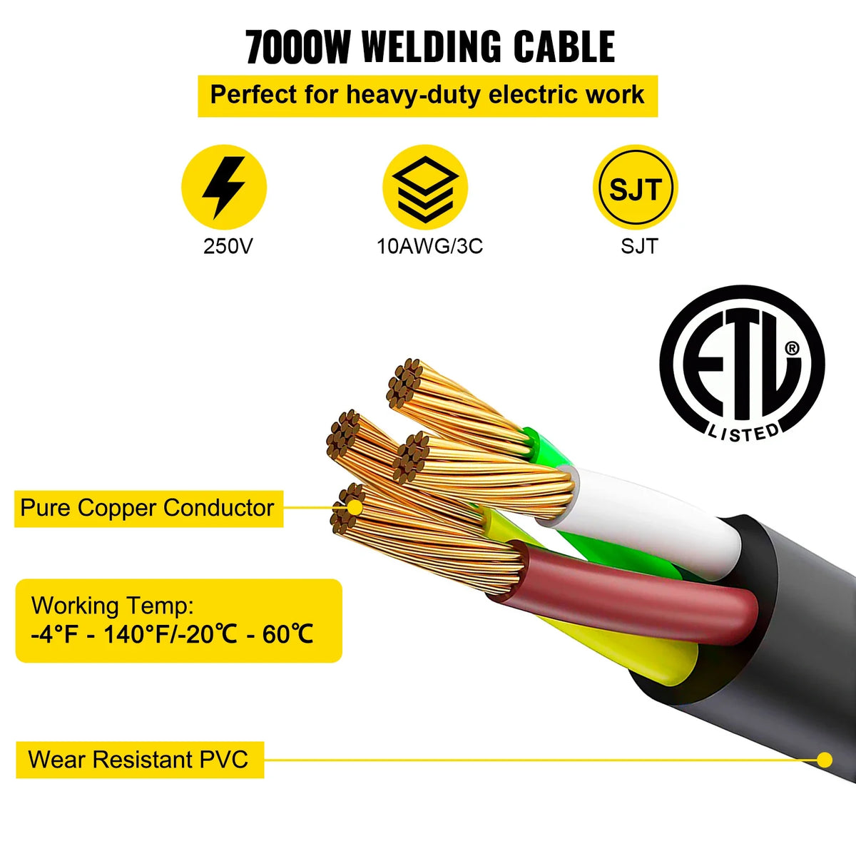Heavy Duty Welder Extension Cord 10AWG 25ft 10/3 30A 250V NEMA 6-50P/6-50R Suit for Welding Machine Cable MIG TIG Plasma