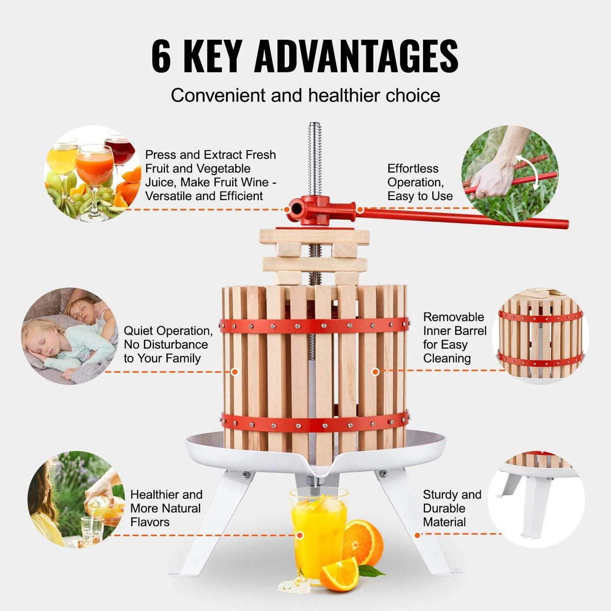 6L 12L 18L Fruit Wine Press,Solid Wood Basket,Manual Juice Maker,Apple Grape Making Press w/ Pole Handle Bar,for Kitchen