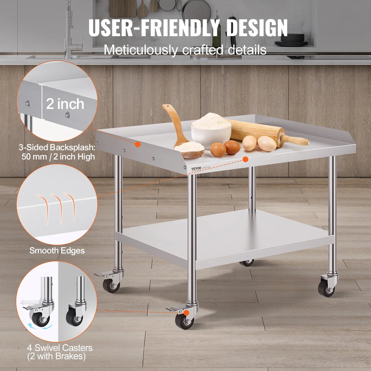 Stainless Steel Work Table Commercial Food Prep Worktable w/ 4 Wheels Heavy Duty Prep Worktable for Restaurant Home Hotel