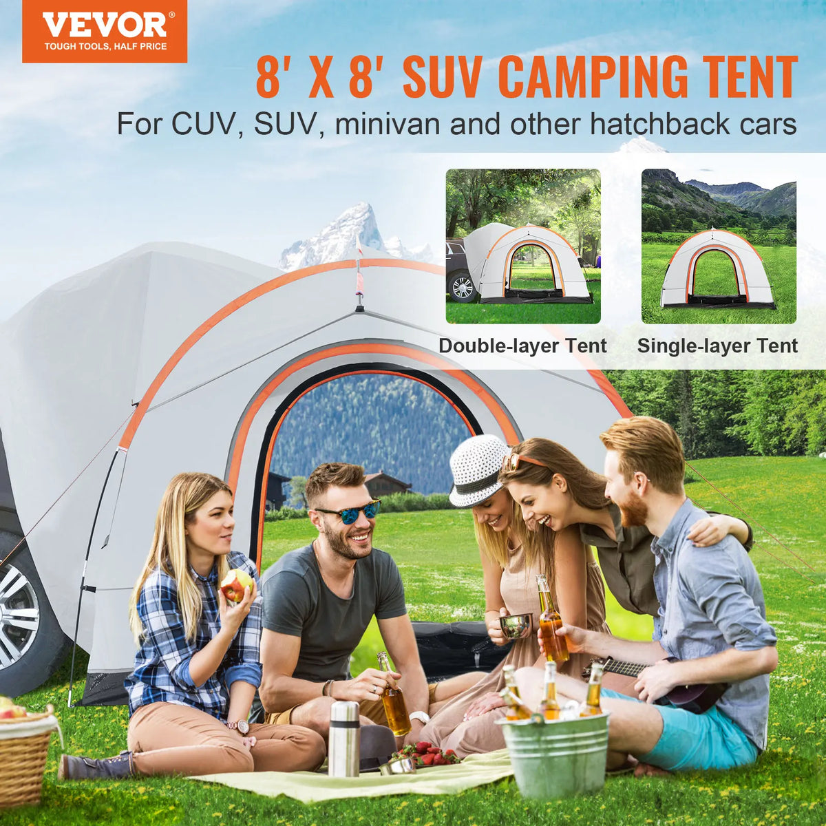Outdoor Camping Tent 8"-8" SUV Tent w/Rain Layer PU2000mm Double Layer Camping Tent Fit 6-8 Person for Van Hatch Tailgate