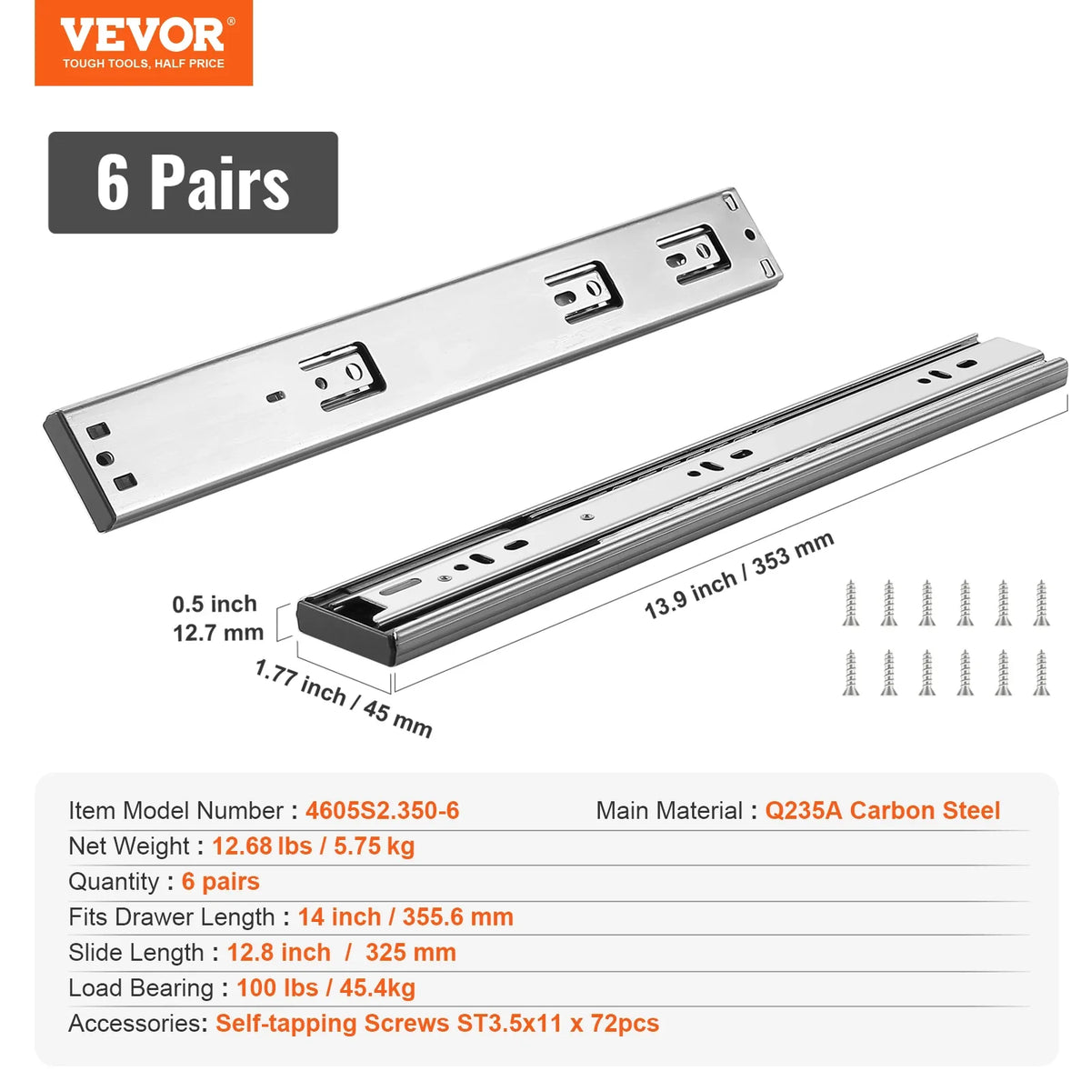 Drawer Slides Side Mount Rails Heavy Duty Full Extension Steel Track Noiseless Guide Glides Cabinet 100 Lbs Load Capacity