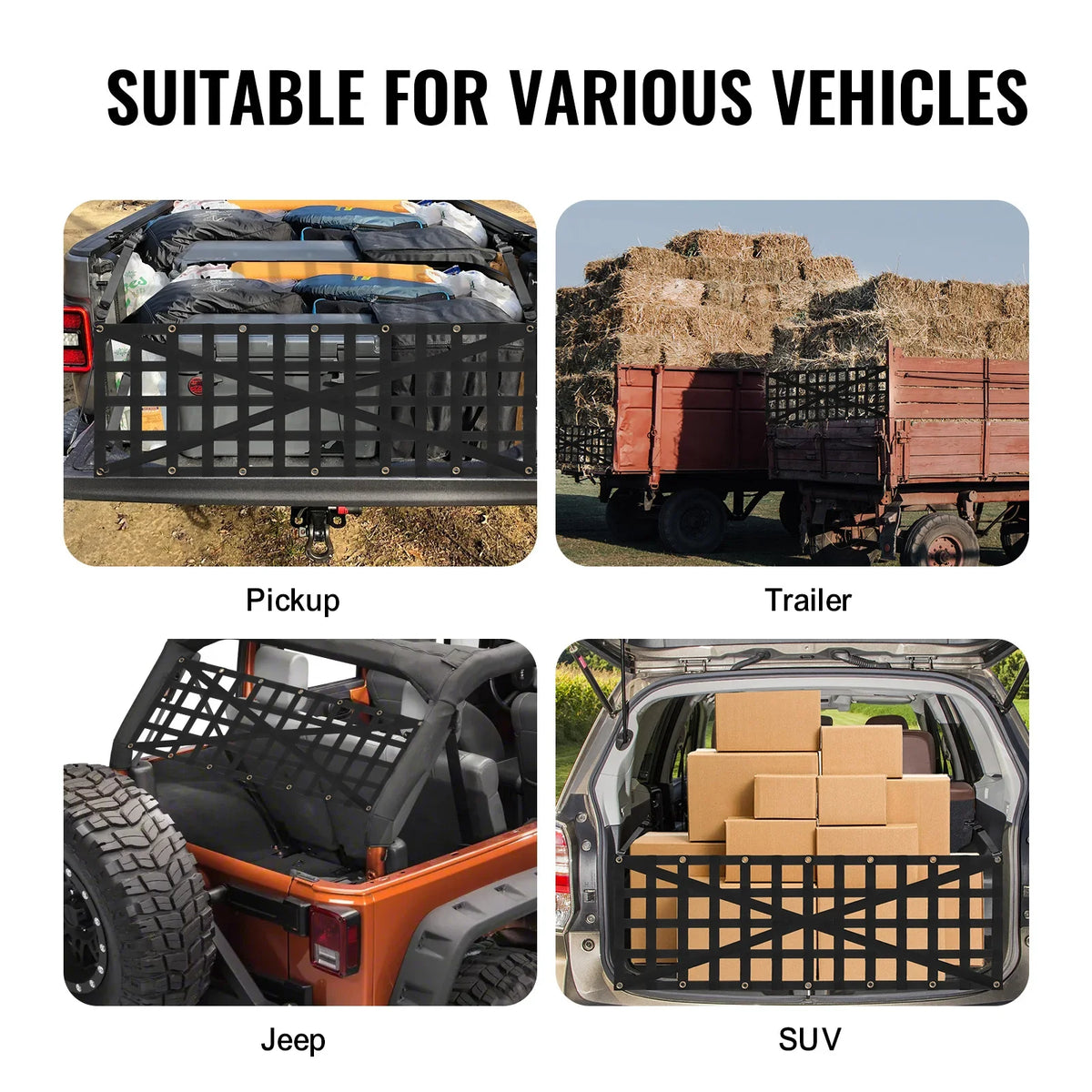 Universal Car Rear Trunk Net Mesh Elastic Tailgate Net with 4 Telescopic Straps Cargo Storage Organizer for Pickup Trailer