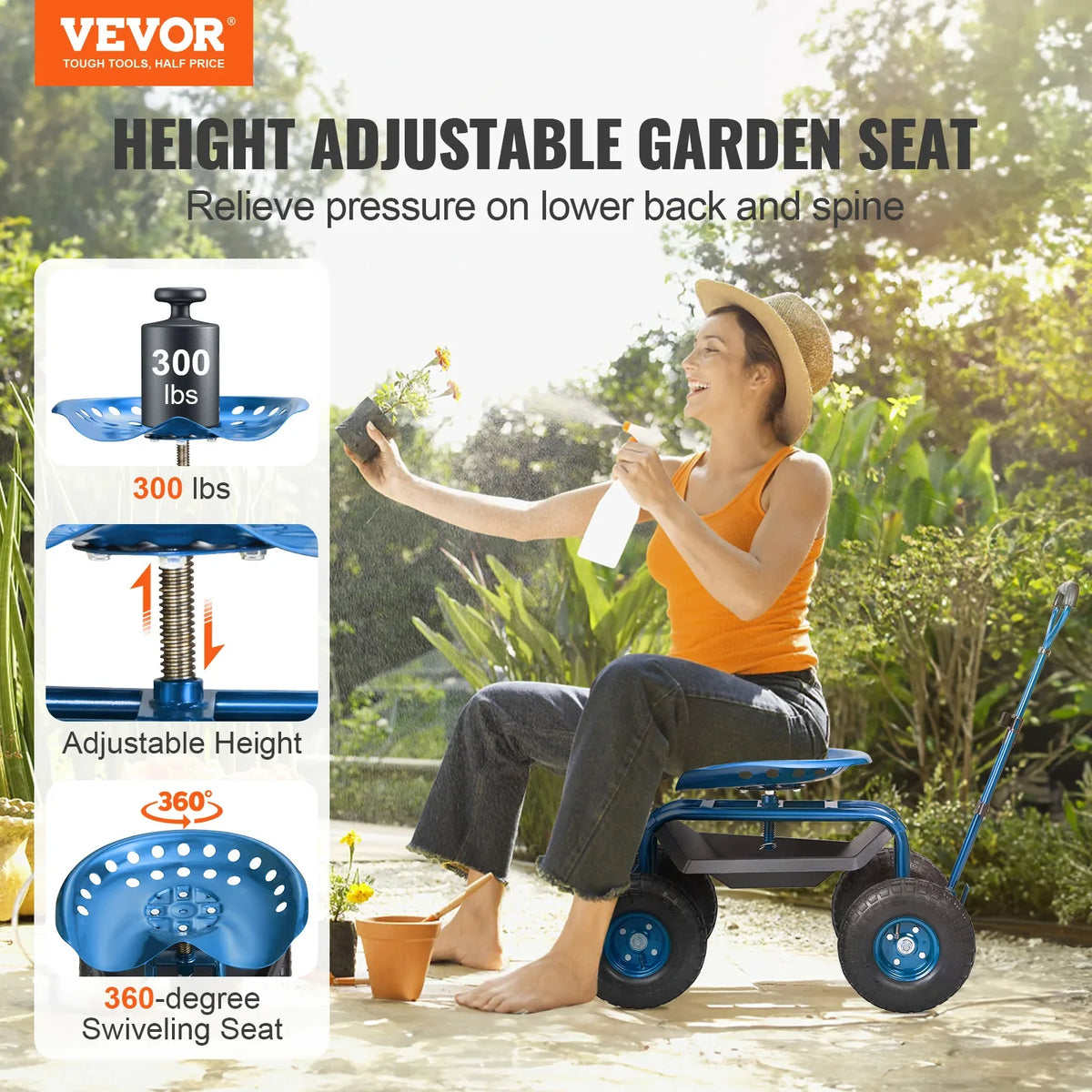 Garden Cart Rolling Workseat with Wheels Gardening Stool for Planting 360 Degree Swivel Seat Wagon Scooter with Steering