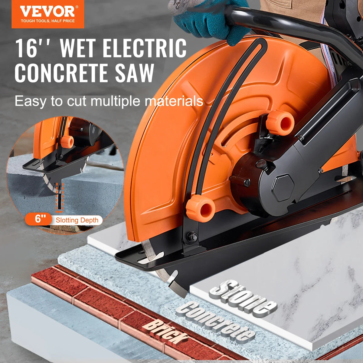 Electric Concrete Saw 16in 2800W Motor Circular Saw Cutter with Max. 6 in Adjustable Cutting Depth Wet Disk Saw Cutter