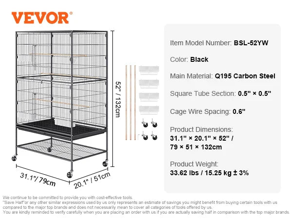 52/54 inch Standing Large Flight Bird Cage Carbon Steel Parakeets Cages with Rolling Stand and Tray for Cockatiels Parrots