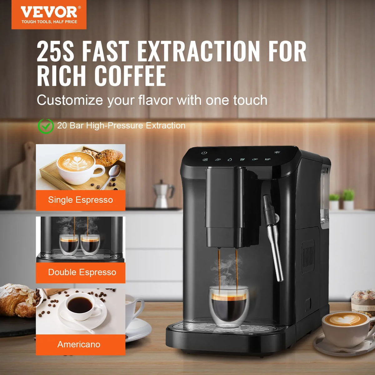 Automatic Espresso Machine,20 Bar Auto Coffee Machine w/Frother Steam Wand,Built-In Grinder and 15-Level Grinding Settings