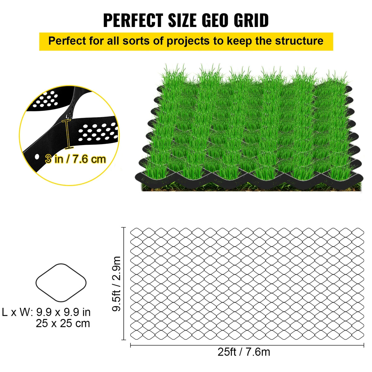 Ground Grid 3" Depth Permeable Stabilization System for DIY Patio Walkway Shed Base Driveway Parking Lot Grass and Gravel