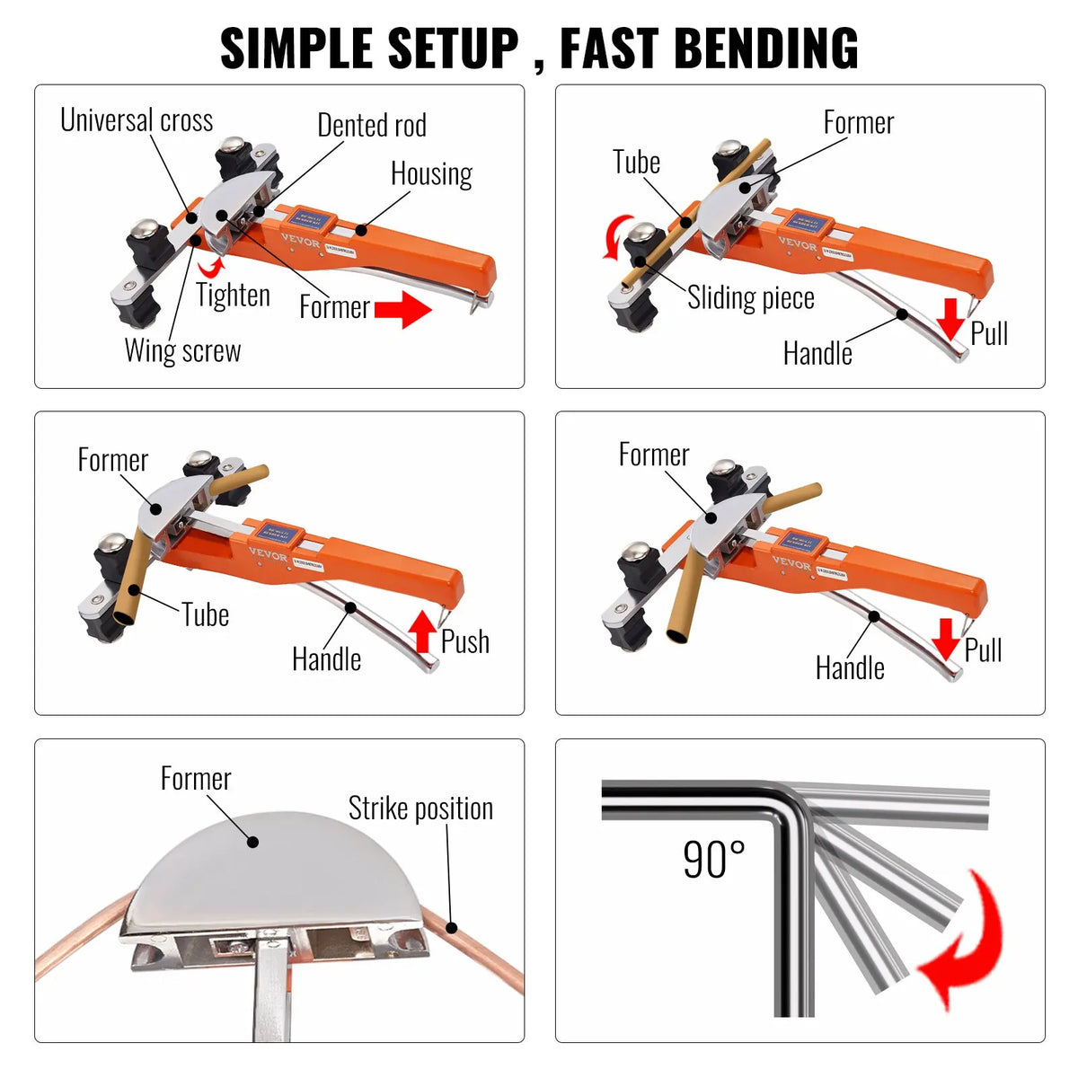 Pipe Tube Bender, 1/4"-7/8" O.D. Ratcheting Tubing Bender, 90° Forward/Reverse Pipes Bending Tools with 7 Dies
