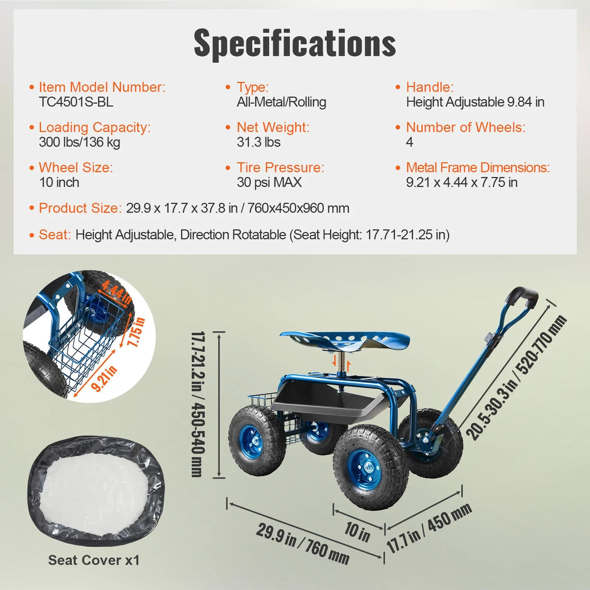 Garden Cart Rolling Workseat with Wheels Gardening Stool for Planting 360 Degree Swivel Seat Wagon Scooter with Steering