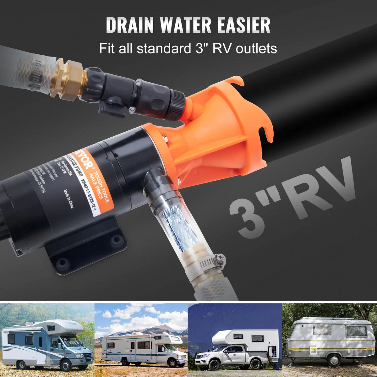 RV Portable Macerator Pump 12V 12GMP with Detachable Quick Connection Valve Metal Hose Clamp Power Cord for RV Motorhome