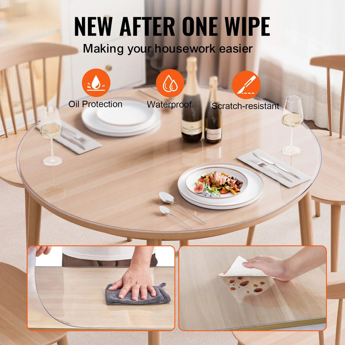Plastic Table Cover 48 x 48 Inch Clear Table Protector, Round PVC Desk Mat Waterproof & Easy Cleaning Desk Pad Tablecloth