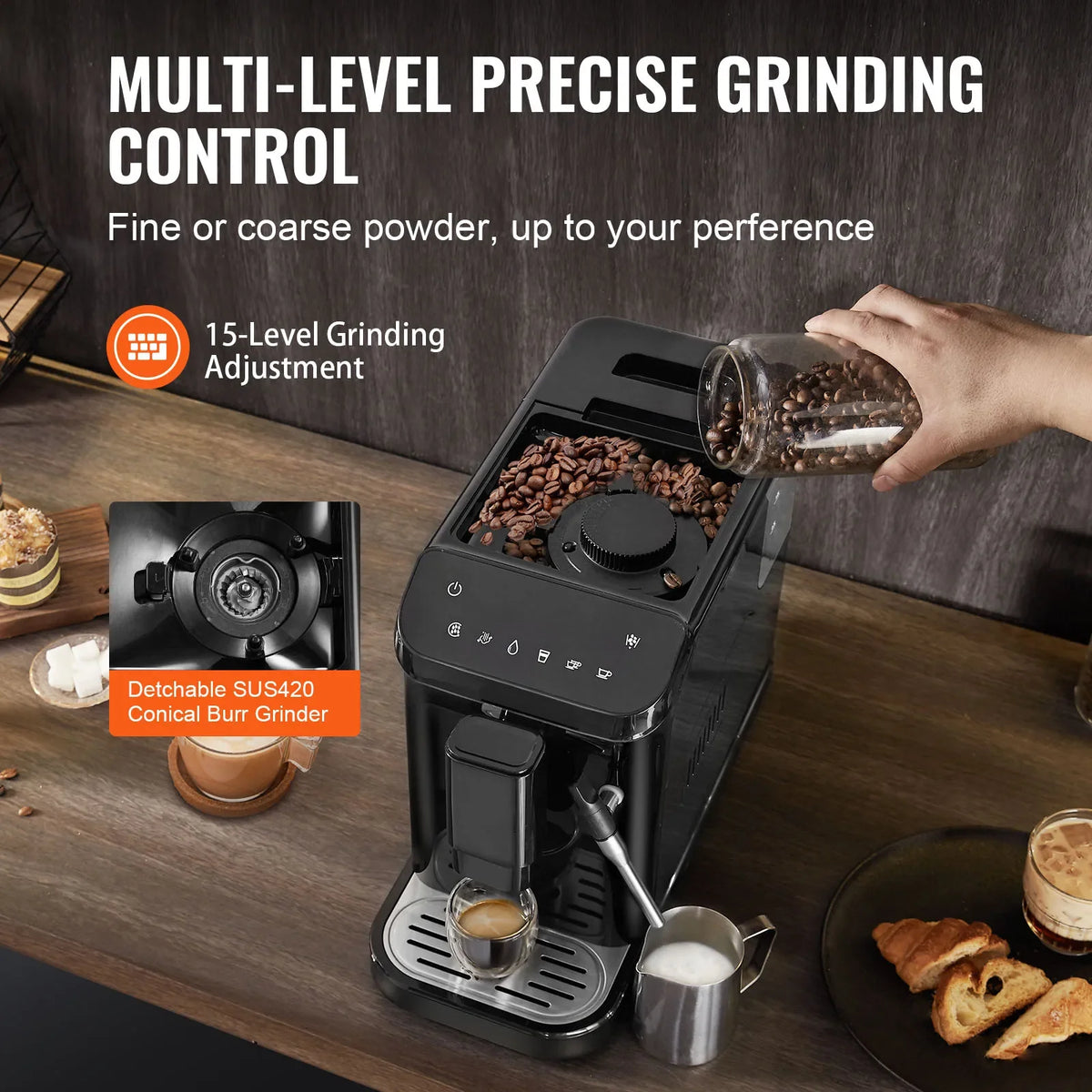 Automatic Espresso Machine,20 Bar Auto Coffee Machine w/Frother Steam Wand,Built-In Grinder and 15-Level Grinding Settings