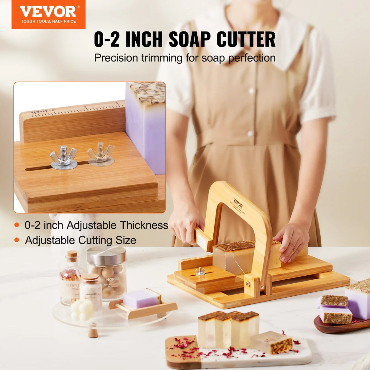 Soap Cutter 0-2 inch Adjustable Thickness Bamboo Soap Slicer With Adjustable Stainless Steel Wire Handmade Soap Cutter