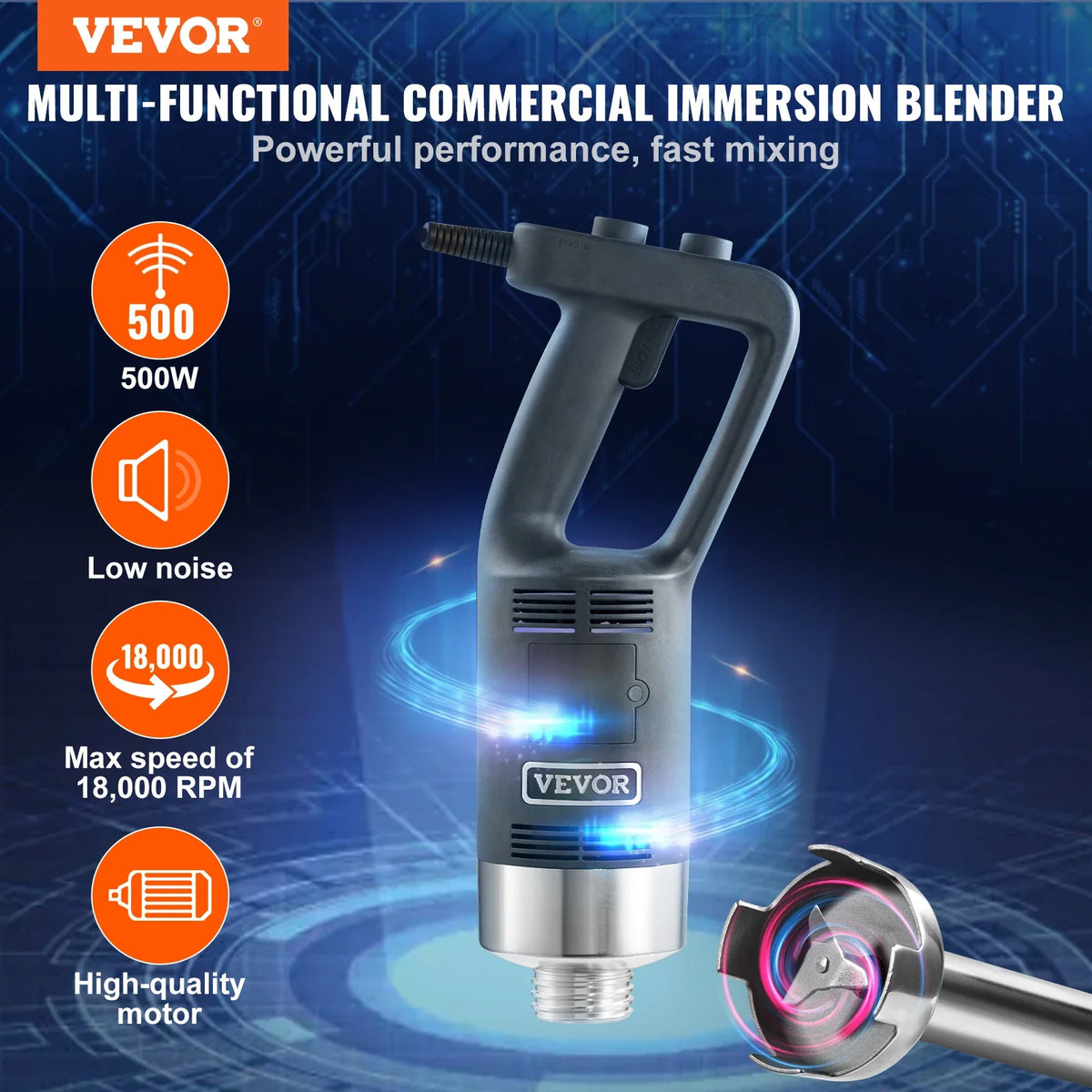 Commercial Immersion Blender 500 Watt Heavy Duty Hand Mixer Variable Speed Kitchen Stick Mixer with 304 Stainless Steel
