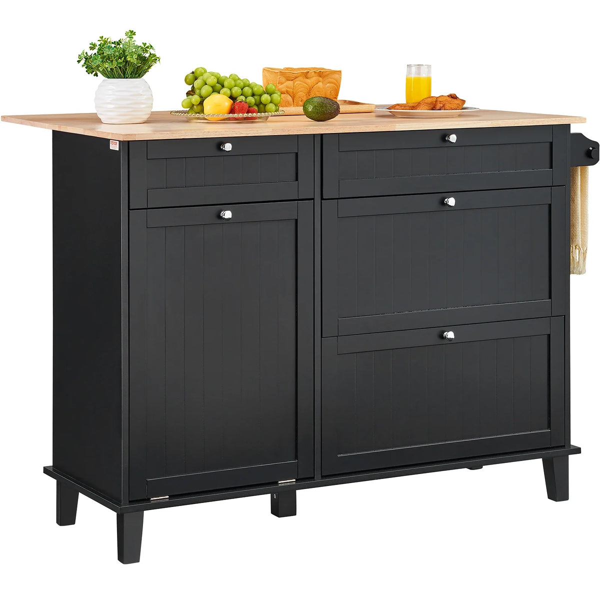 Kitchen Island Cart Breakfast Bar with Trash Cabinet Tilt Out Storage Farmhouse Dining Living Room Table with Drop Leaf