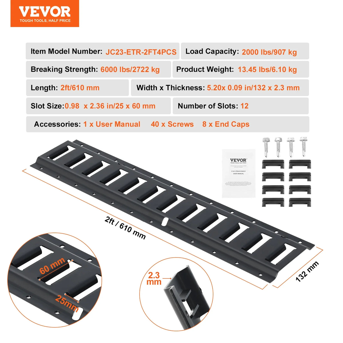 E Track Tie Down Rail Kit 2' Steel Rails 4 Pack Secure Cargo Etrack Rails for Garages Trailers Motorcycle Tie Downs