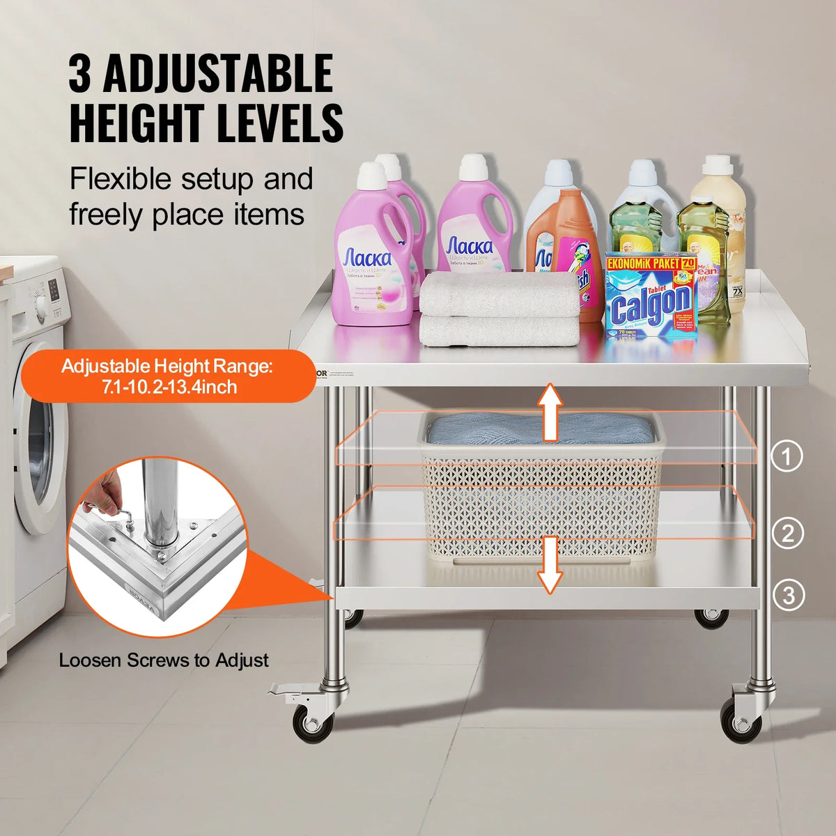 Stainless Steel Work Table Commercial Food Prep Worktable w/ 4 Wheels Heavy Duty Prep Worktable for Restaurant Home Hotel