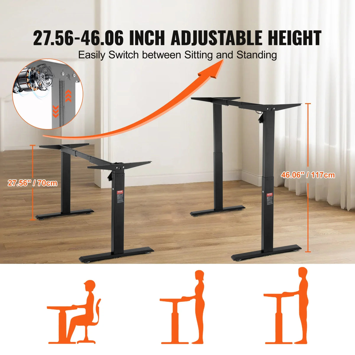 Standing Desk Frame, Adjustable 70-117 cm Height & 90-135 cm Length Electric Stand Up Computer Desk Legs, Black Frame Only