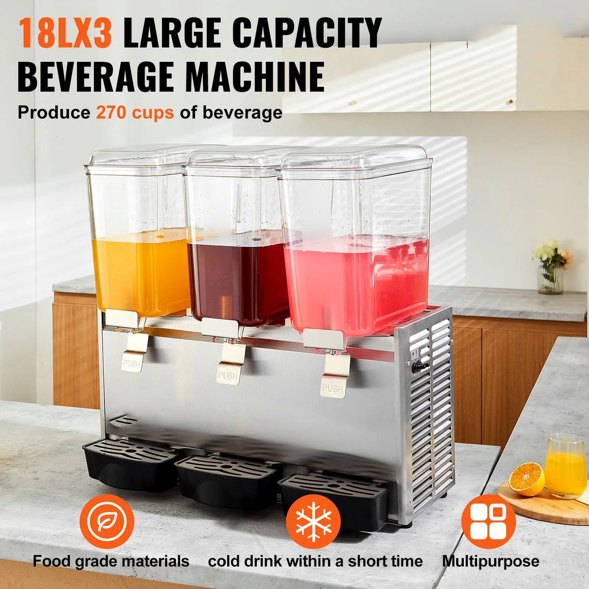 Commercial Beverage Dispenser, 18L X 3 Tanks Ice Tea Drink Machine, 680W 304 Stainless Steel Juice Dispenser, for Party