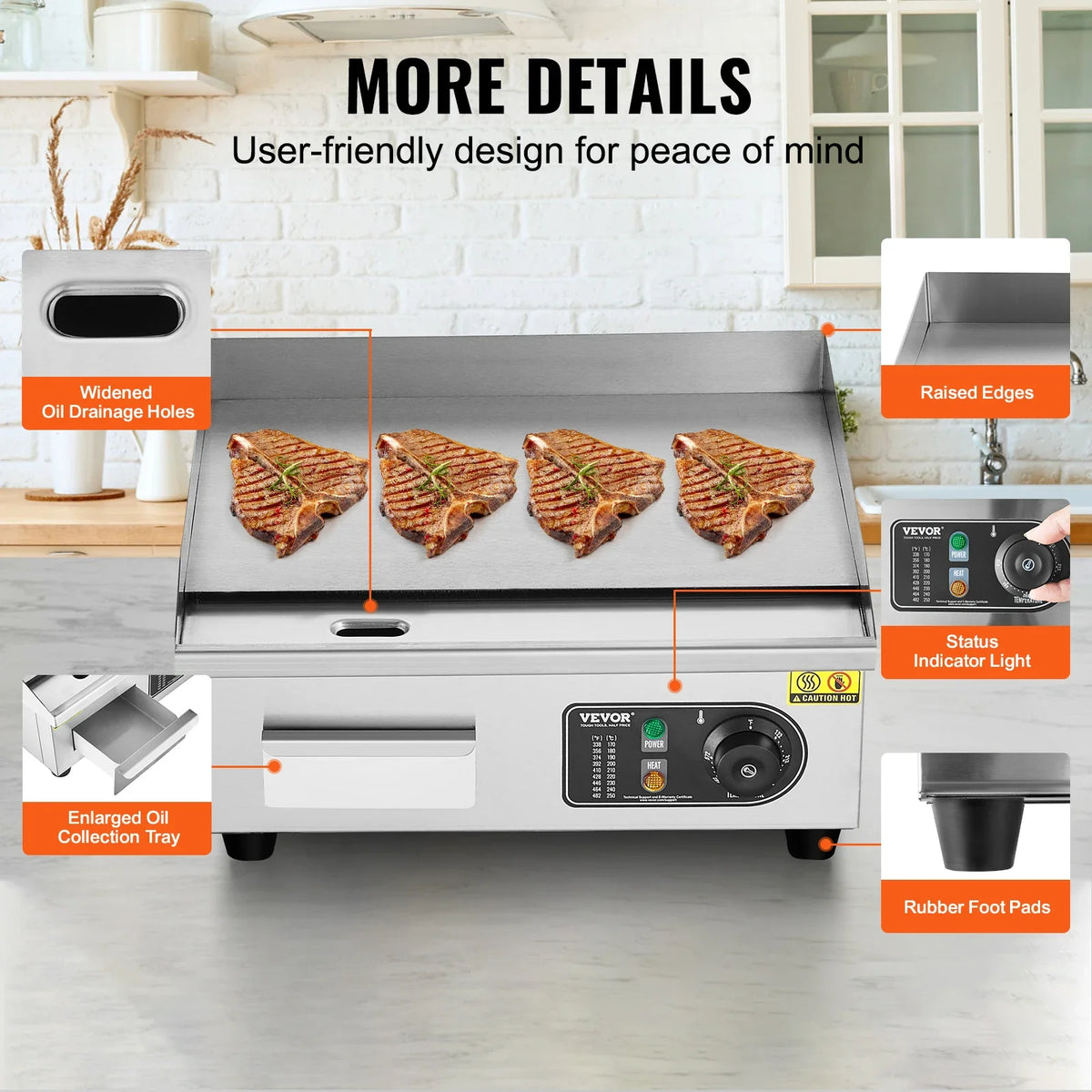 Commercial Electric Griddle 1700W Countertop Flat Top Grill 122℉-572 ℉ Adjustable Temprature Stainless Steel Griddle Grill