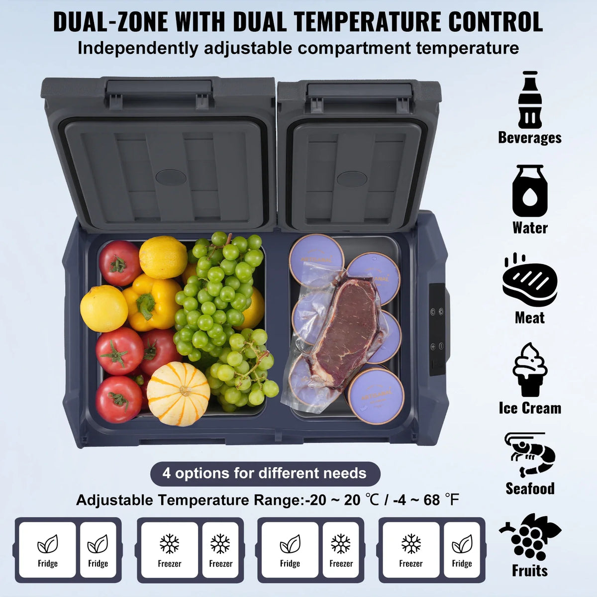12V Car Refrigerator Fridge, 32 L Dual Zone Portable Freezer, 12/24V DC and 100-240V AC Compressor Cooler for Outdoor
