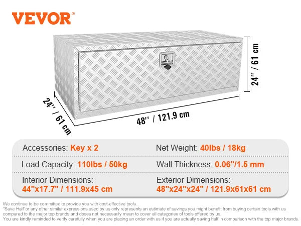 Pickup Storage Box, Heavy Duty Aluminum Diamond Plate Tool Box with Lock and Keys,  for Truck, Van, Trailer
