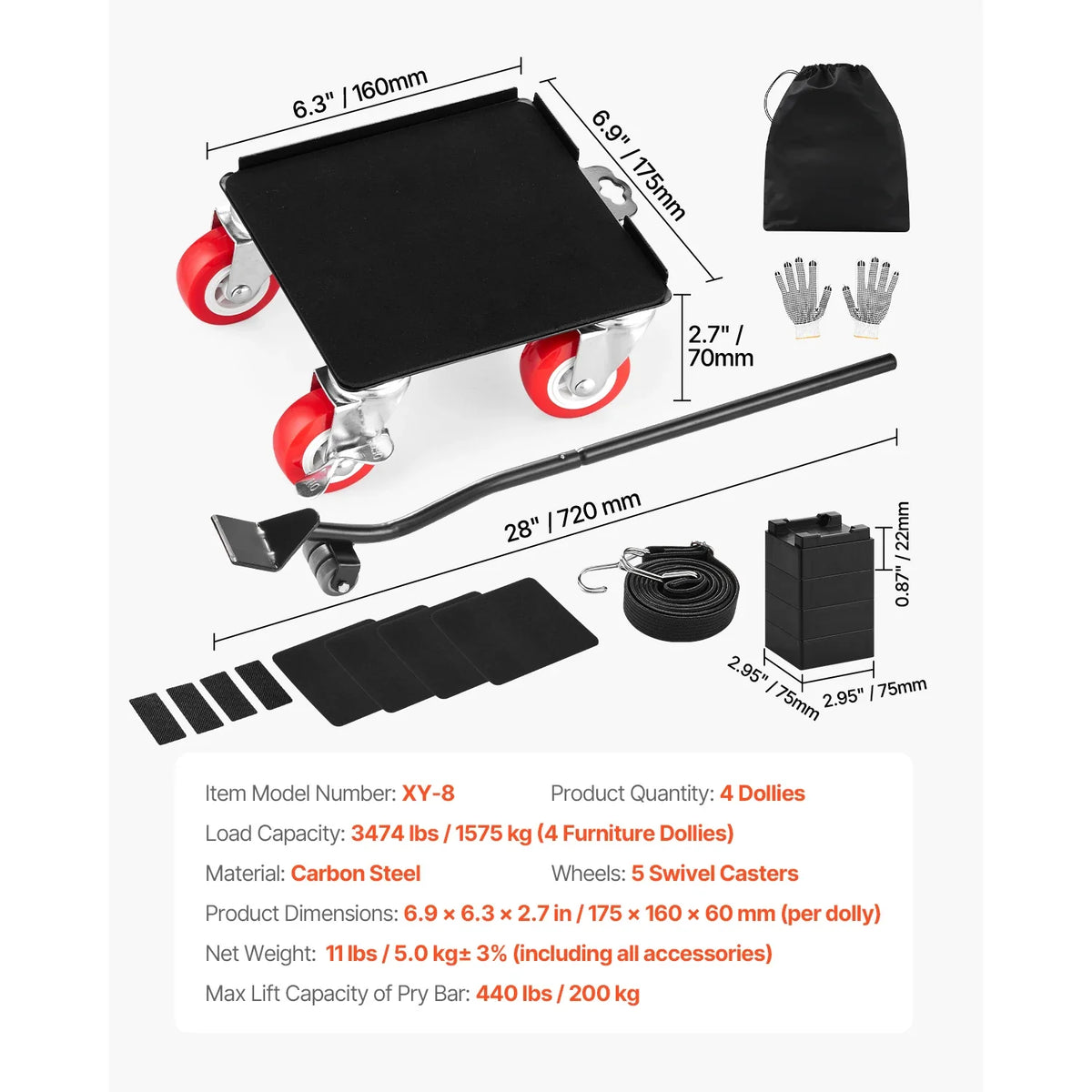 4PCS Furniture Dolly 1200Lbs/3474Lbs Fridge Movers with 5 360° Rotation Wheels & Lift Slider Tool Set for Appliances Sofa