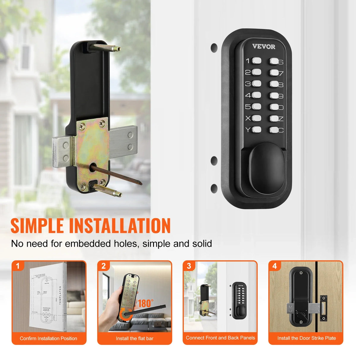Mechanical Keyless Entry Door Lock 14 Digit Keypad Surface-mounted Latch