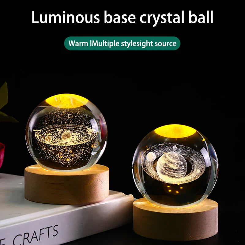 Luminous Crystal Ball LED Night Light Saturn Solar System 3D Moon Table Lamp USB Bedroom Atmosphere Lamp for Birthday Kid Gift
