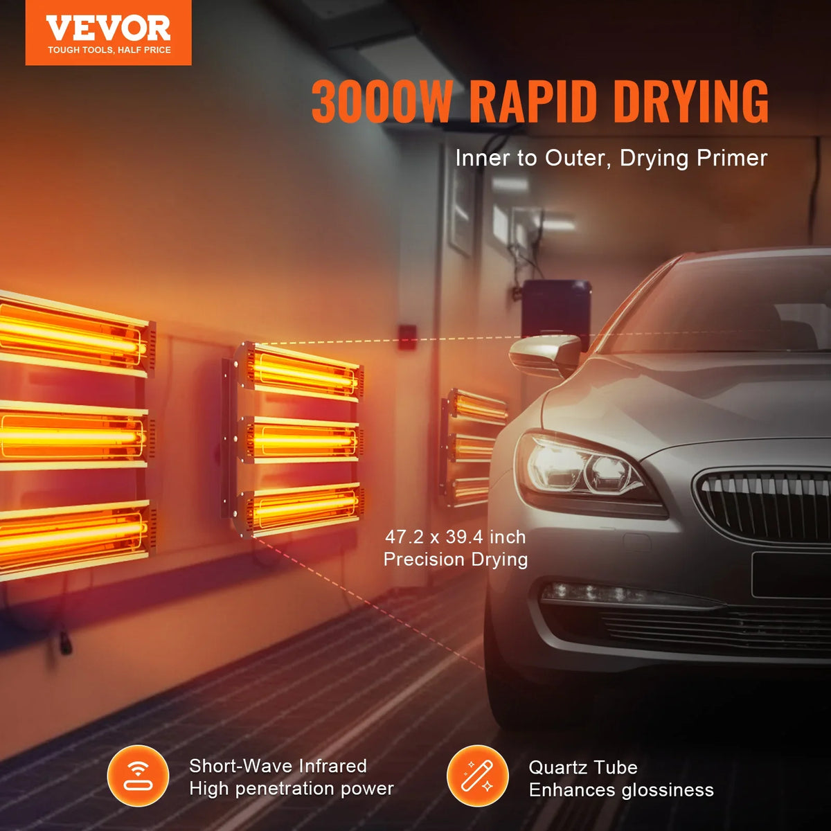 Car Paint Curing Lamp 2 Set 3000W Quick Drying 110V 47.2x39.3 sq.inch Baking Area Spray/Baking Booth Infrared Paint Heater