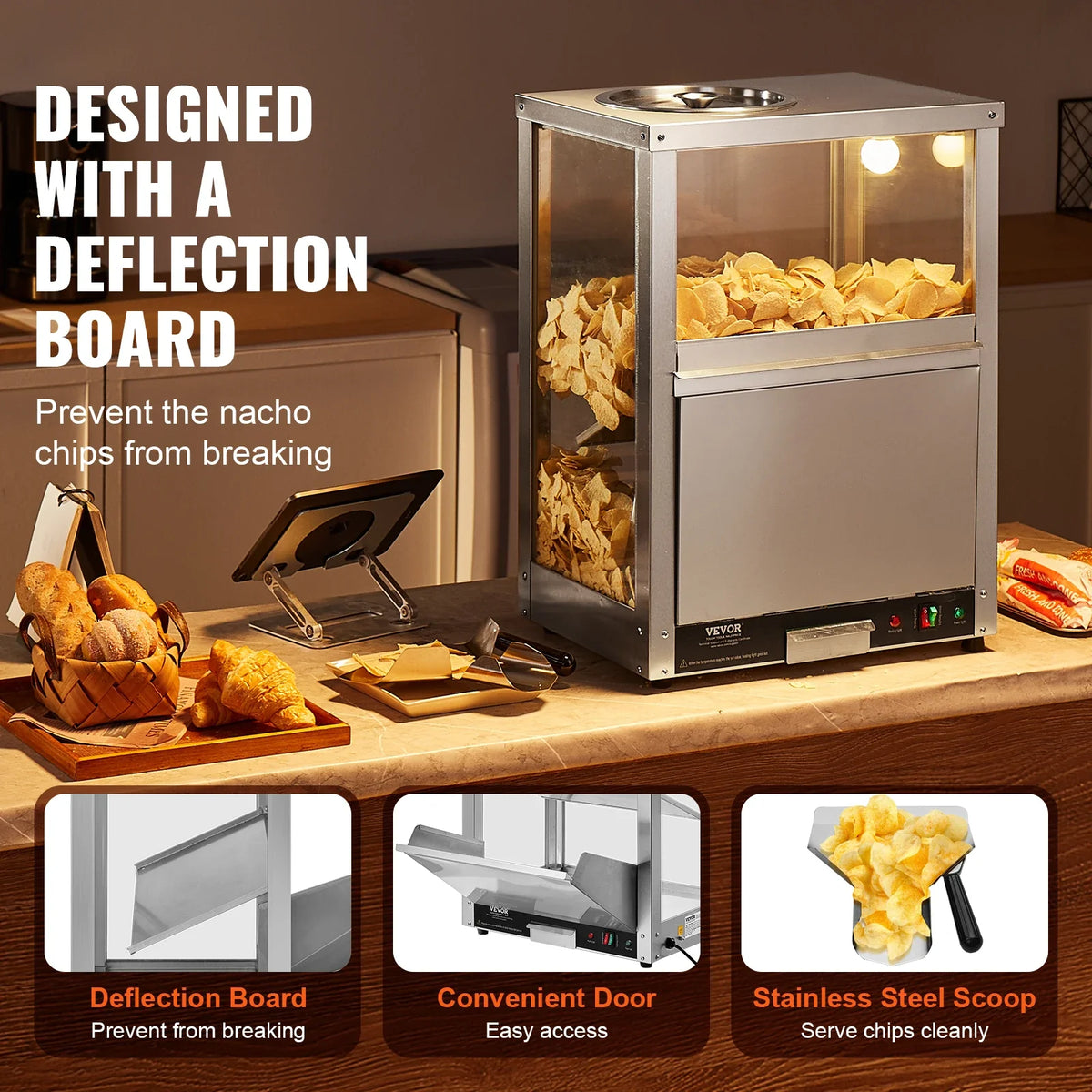 Commercial Nacho Chip Warmer 84.5QT Nacho Machine  Deflection Board Stainless Steel for Nacho Chips Popcorn Potato Chips