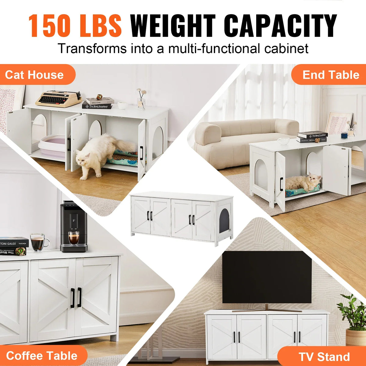 Cat Litter Box Enclosure for 2 Cats Litter Box Furniture Hidden Wooden Cat Box Cabinet Fit Most of Litter Box White 19.4kg