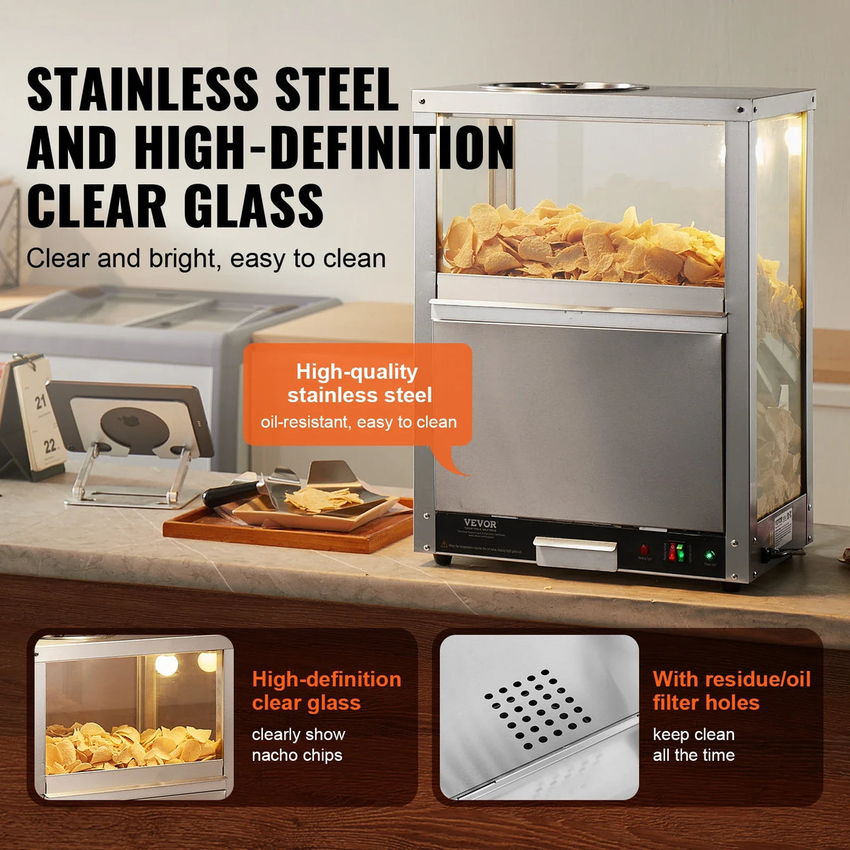 Commercial Nacho Chip Warmer 84.5QT Nacho Machine  Deflection Board Stainless Steel for Nacho Chips Popcorn Potato Chips