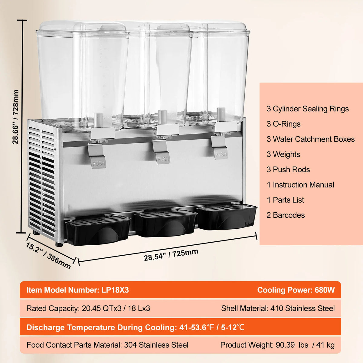 Commercial Beverage Dispenser, 18L X 3 Tanks Ice Tea Drink Machine, 680W 304 Stainless Steel Juice Dispenser, for Party