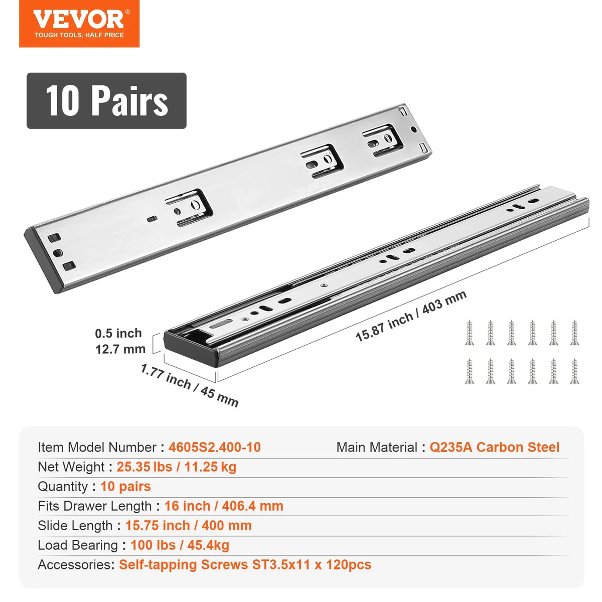 Drawer Slides Side Mount Rails Heavy Duty Full Extension Steel Track Noiseless Guide Glides Cabinet 100 Lbs Load Capacity