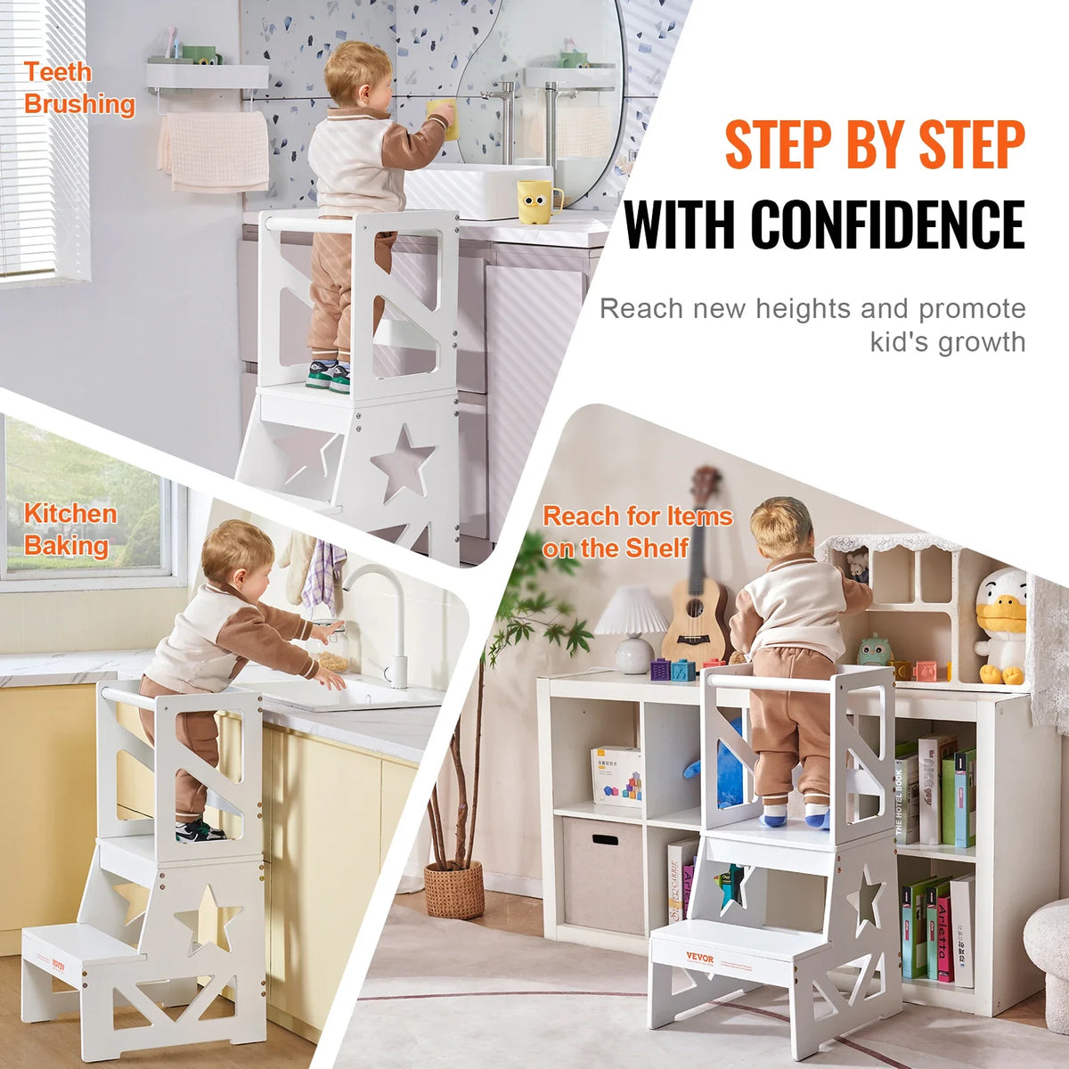 Toddler Step Stool Natural Pine Wood Kids Standing Learning Tool for Bedroom Bathroom Kitchen Counter White/Wood/Gray