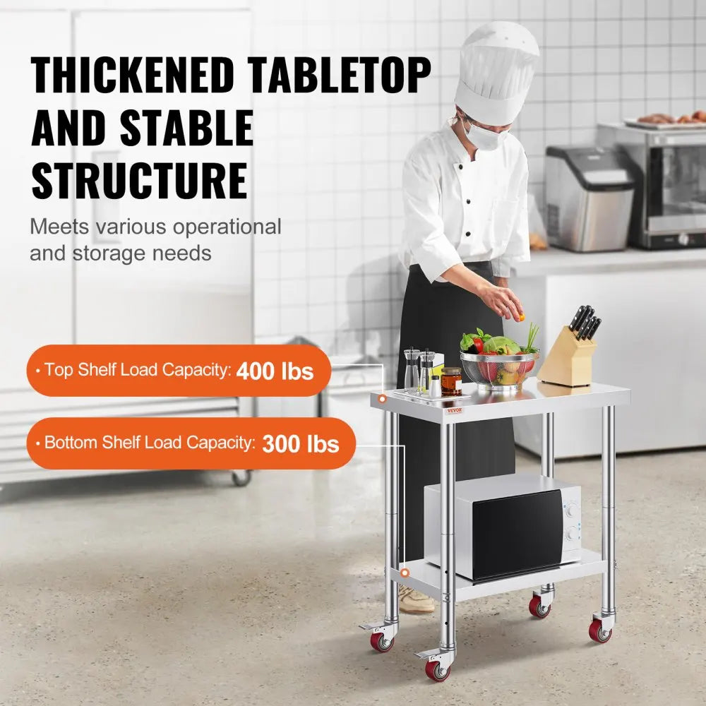 Stainless Steel Work Table 700 LBS Load Capacity with 4 Wheels Heavy Duty Food Prep Worktable