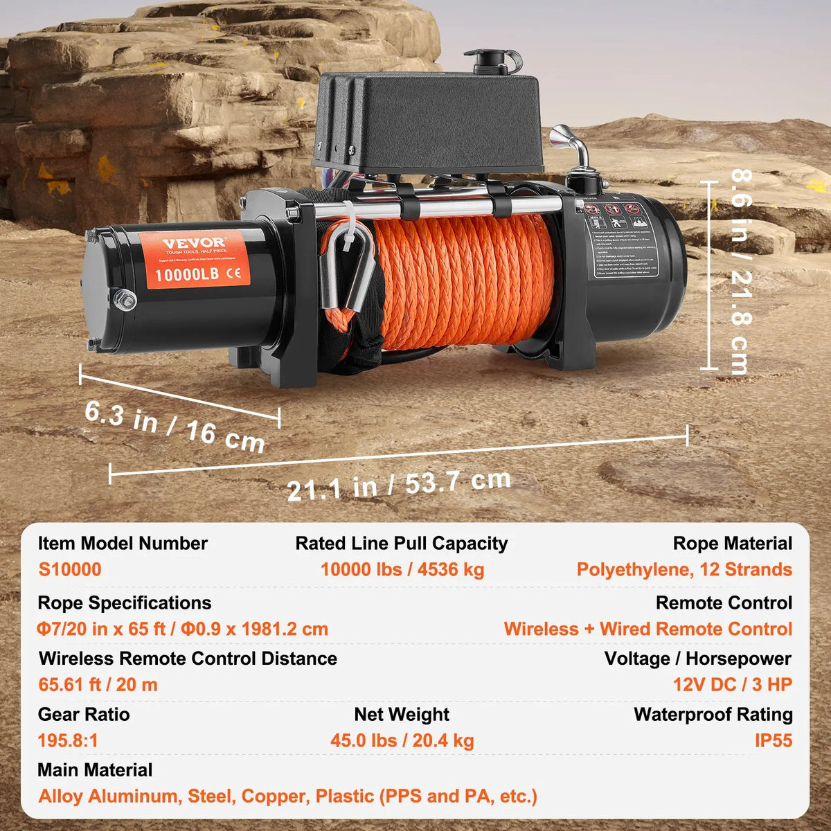 Electric Winch 13500lbs with 3/8in 80ft Synthetic Rope Wireless Truck Winch IP55 Waterproof for Towing Off-Road SUV Jeep
