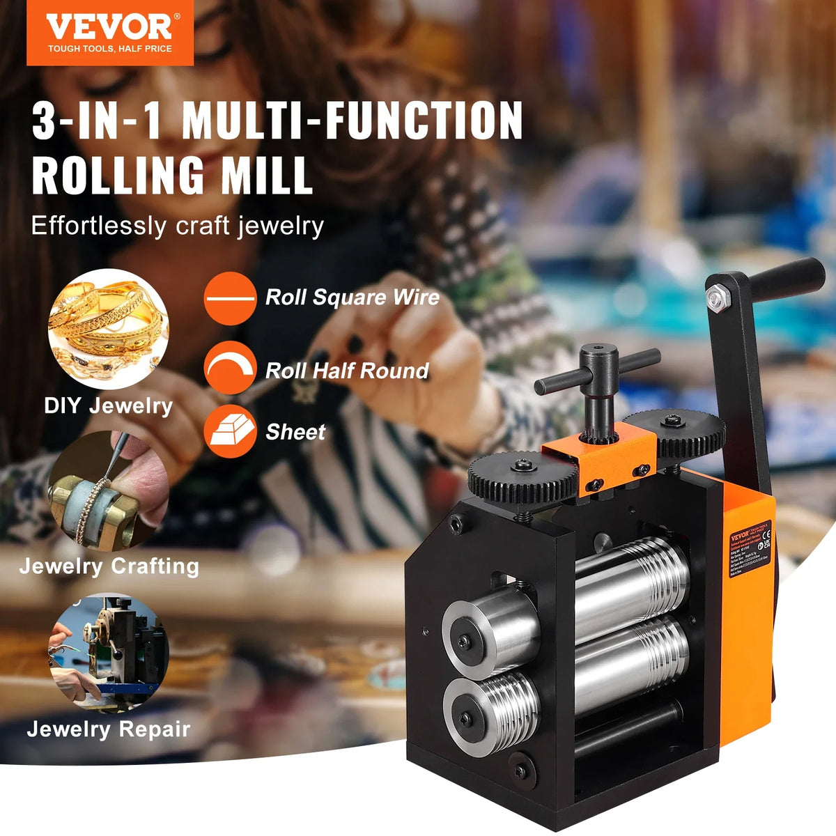 Rolling Mill, 75 mm Jewelry Rolling Mill, 1: 2 Gear Ratio, 3-in-1 Multi-function Rolling Mill, 0.03-6.5mm Press Thickness