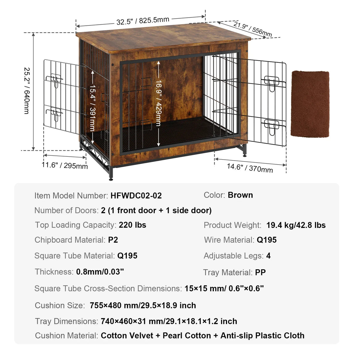 Heavy-Duty Wooden Dog Crate End Table Furniture Kennel with Double Doors Multi-Purpose Removable Tray for Dogs Indoor