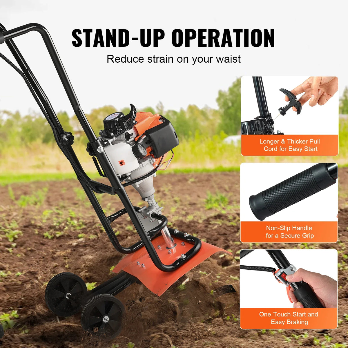 Tiller Cultivator 31/43/212CC Garden Cultivator Tiller with 4 Steel Adjustable Front Tines for Lawn Garden and Field