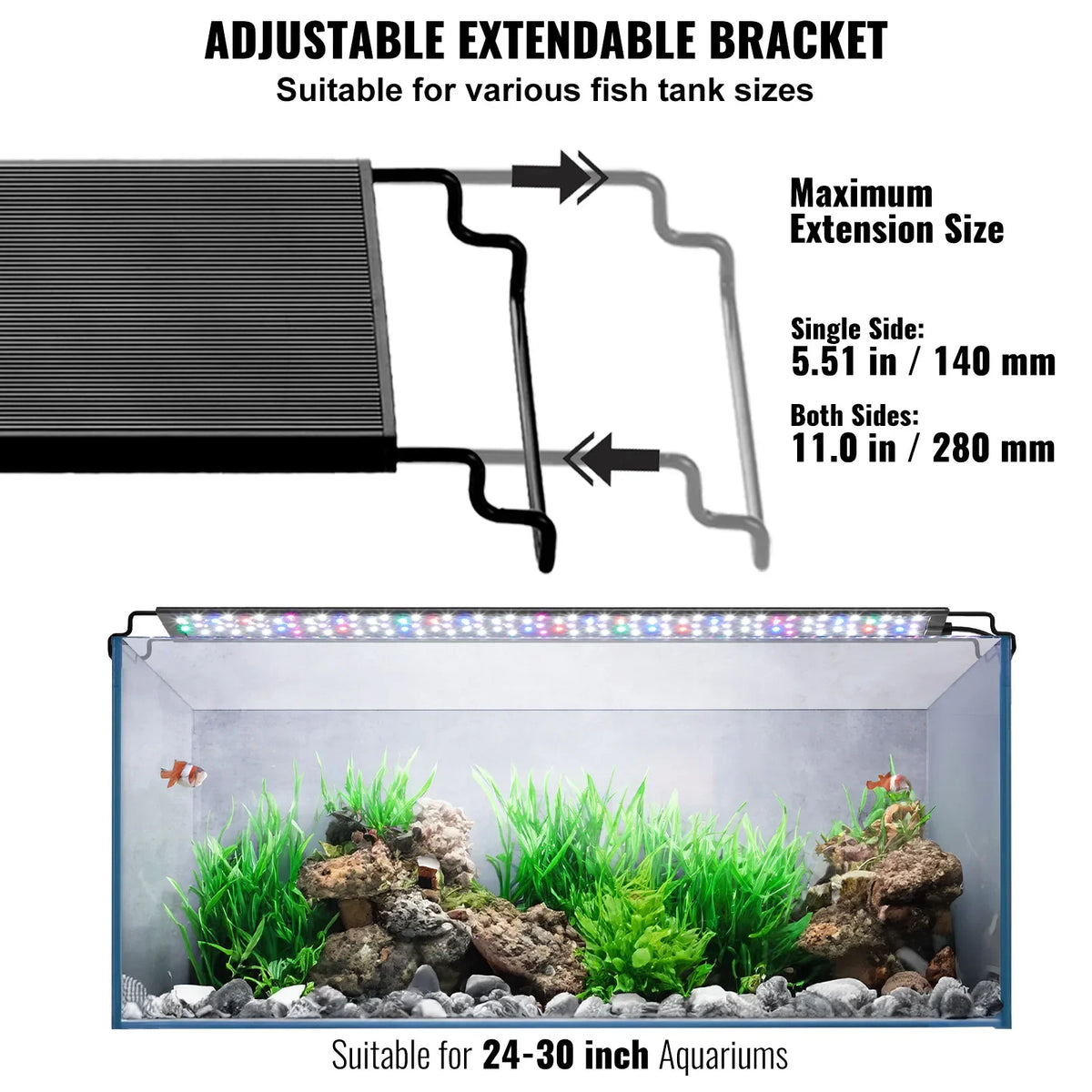 Aquarium Light with LCD Monitor 22W Adjustable Brightness - Aluminum Alloy Shell Extendable Brackets for 24"-30" Freshwate