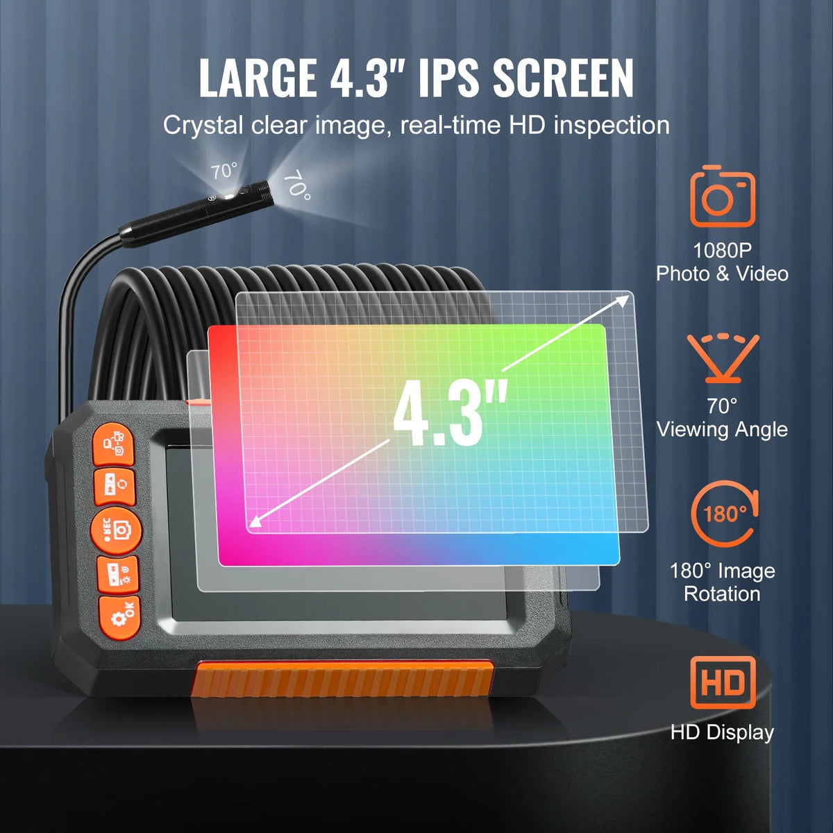 Endoscope Camera with Light Dual Lens Industrial Borescope 4.3" Screen 1080P Inspection Camera for Auto, Plumbing