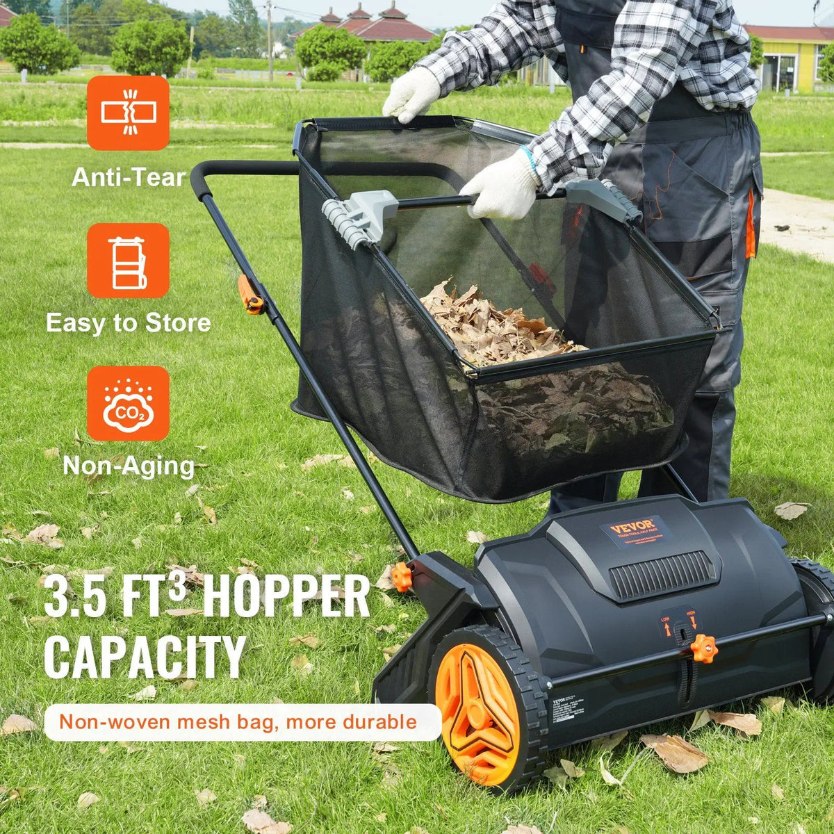 Push Lawn Sweeper, 21-inch Leaf & Grass Collector, Strong Rubber Wheels & Heavy Duty Thickened Steel Durable to Use with L
