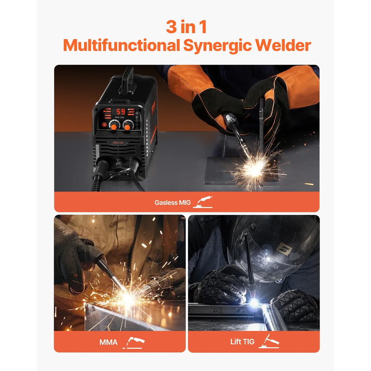 MIG Welder 130Amp Mig Welding Machine 3-in-1 Portable Mig Welder with IGBT Inverter Technology Digital Display Screen