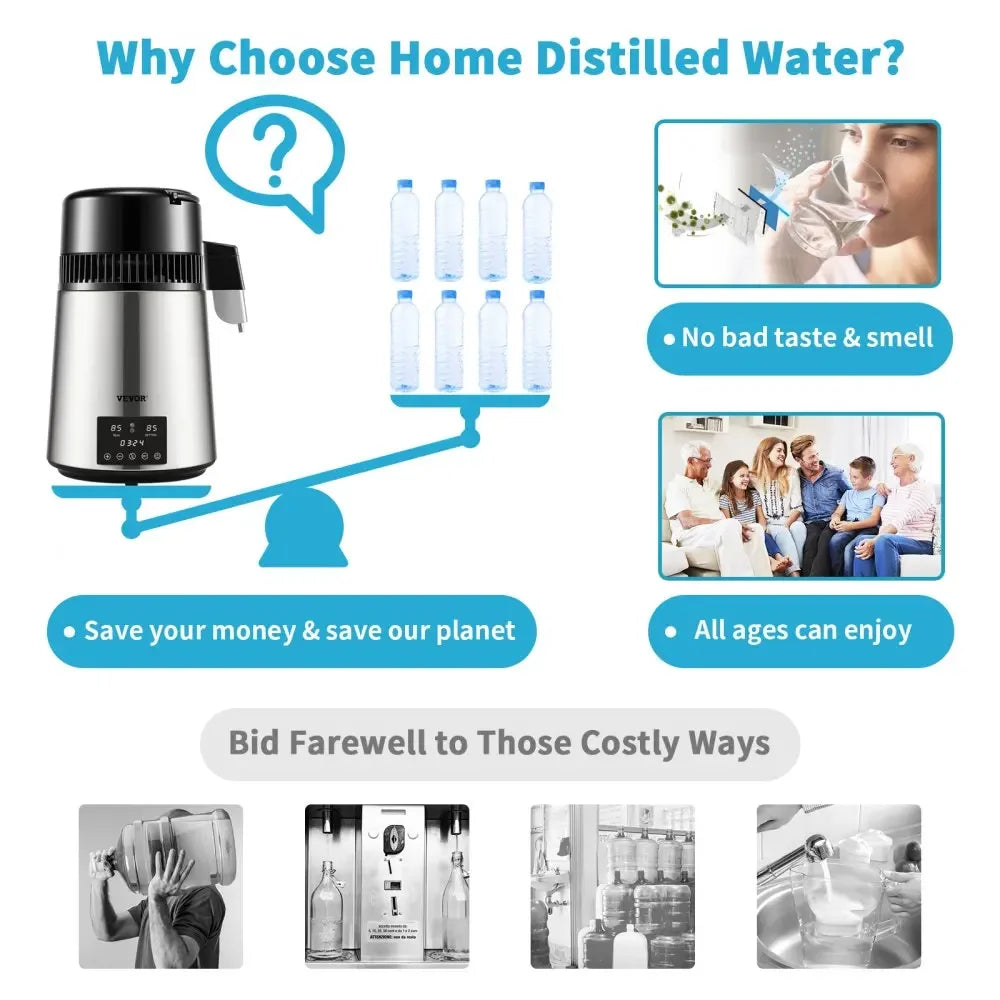 4L Water Distiller Purifier Filter 1.5L/H 1L/H For Drinking Dual Temp Display Stainless Steel Cooler Office Home Use