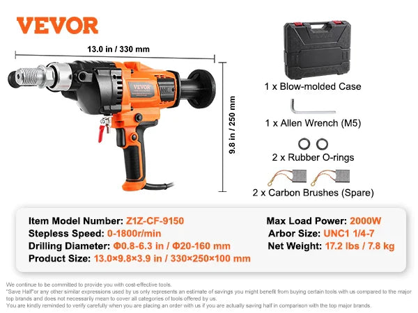 Core Drill Machine 0.8-6.3in Drilling Diameter Handheld Diamond Core Drill Rig  Wet Dry Use For Drilling Concrete Mixing
