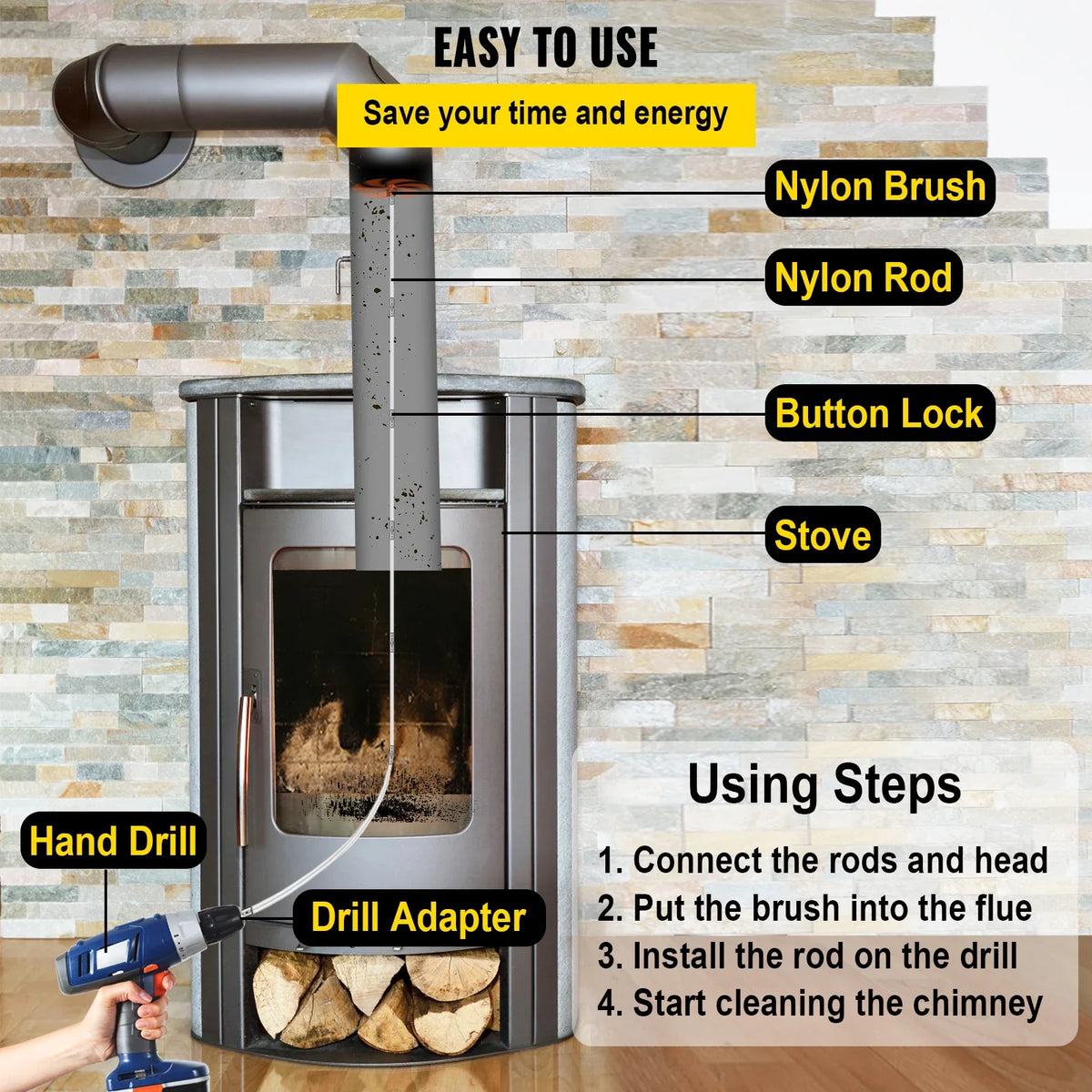 Chimney Cleaner Sweep Kit Nylon Electrical Drill Drive Flexible Rod Rotary Brush Head for Sweeping Away Flue Chimney Soot