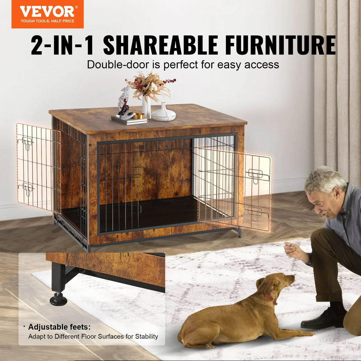 Heavy-Duty Wooden Dog Crate End Table Furniture Kennel with Double Doors Multi-Purpose Removable Tray for Dogs Indoor